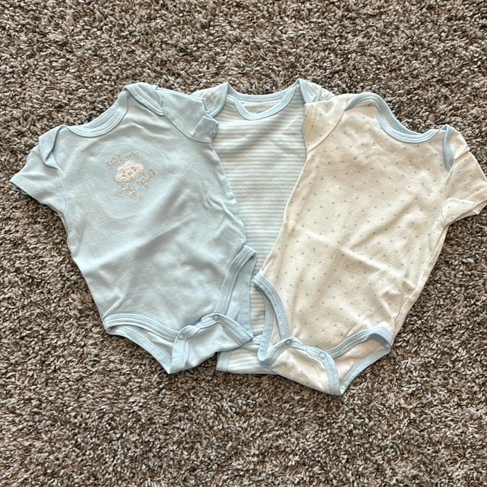 Little Me onesie set, blue and white, size 0-3 mos
